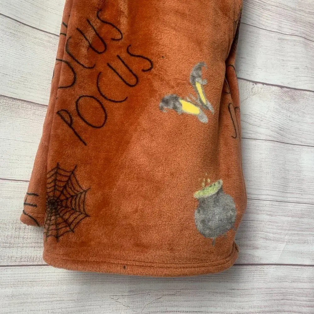 Rae Dunn Hocus Pocus Blanket Orange with Cauldron Broom Witch Hat Shoes 50x70